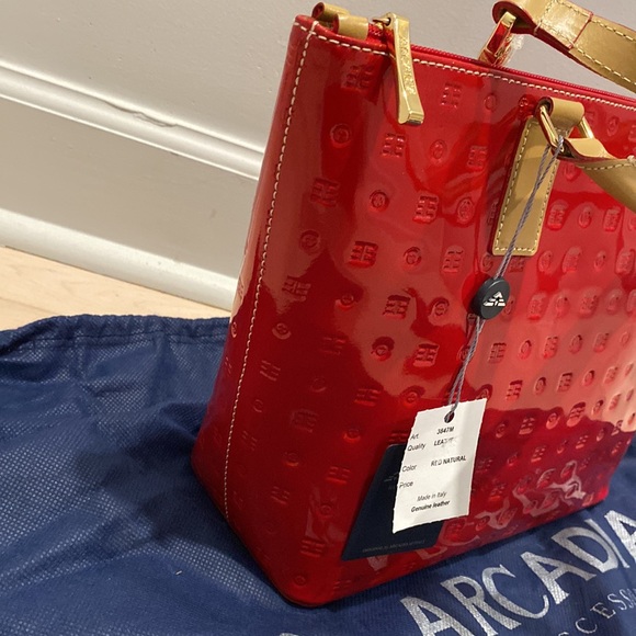 Arcadia red tan trim satchel shoulder bag - Picture 4 of 14